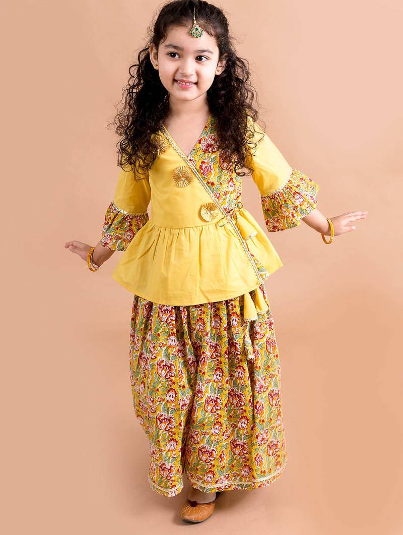 girls mustard yellow floral printed angrakha pure cotton kurti with palazzos (iw-floralmustard)