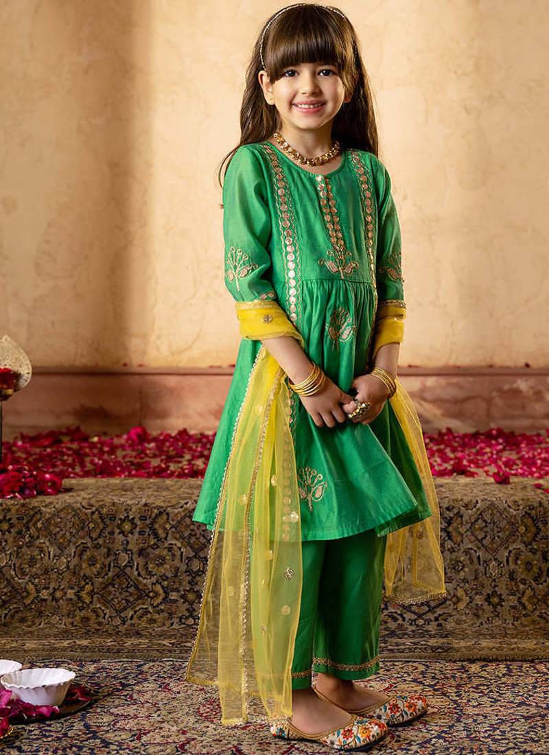 3-piece green color chanderi kurta, payjama & dupatta set (ks25005701)