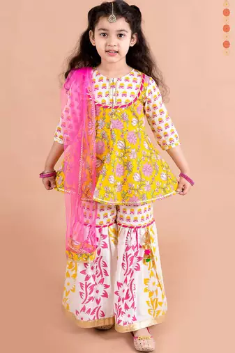 girls yellow floral printed pure cotton kurti with sharara & with dupatta (sha-yellowpanel)