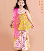 girls yellow floral printed pure cotton kurti with sharara & with dupatta (sha-yellowpanel)