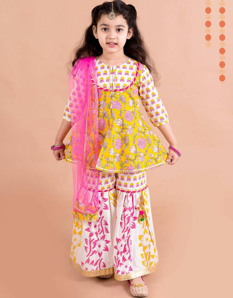 girls yellow floral printed pure cotton kurti with sharara & with dupatta (sha-yellowpanel)