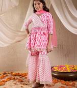 girls cotton 3/4th sleeves v neck neck gota pati embellished lehenga choli set with dupatta for girls (sha-neonmagenta)