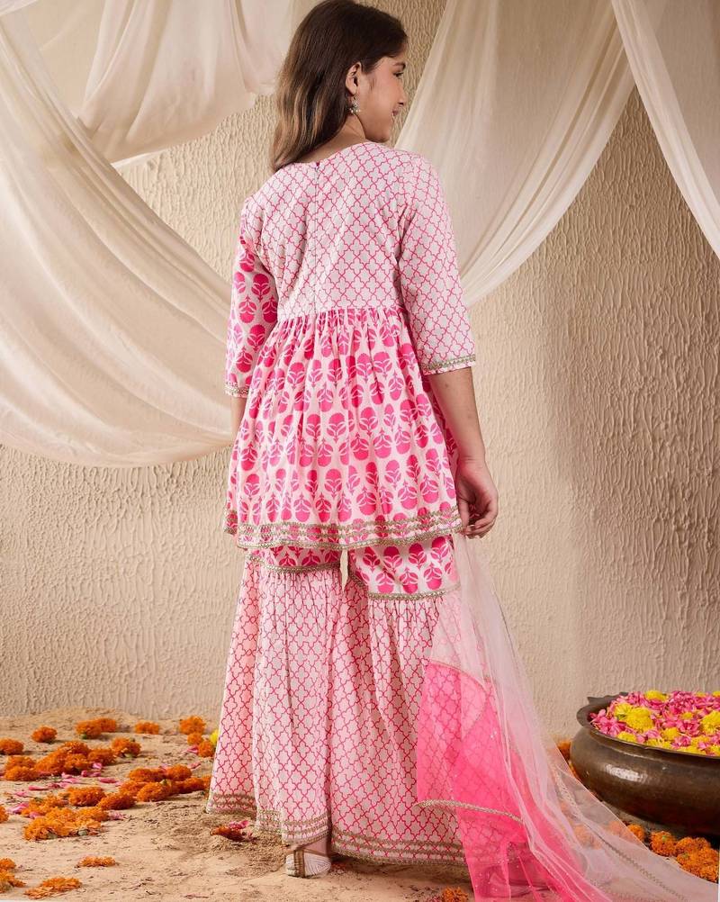 girls cotton 3/4th sleeves v neck neck gota pati embellished lehenga choli set with dupatta for girls (sha-neonmagenta)
