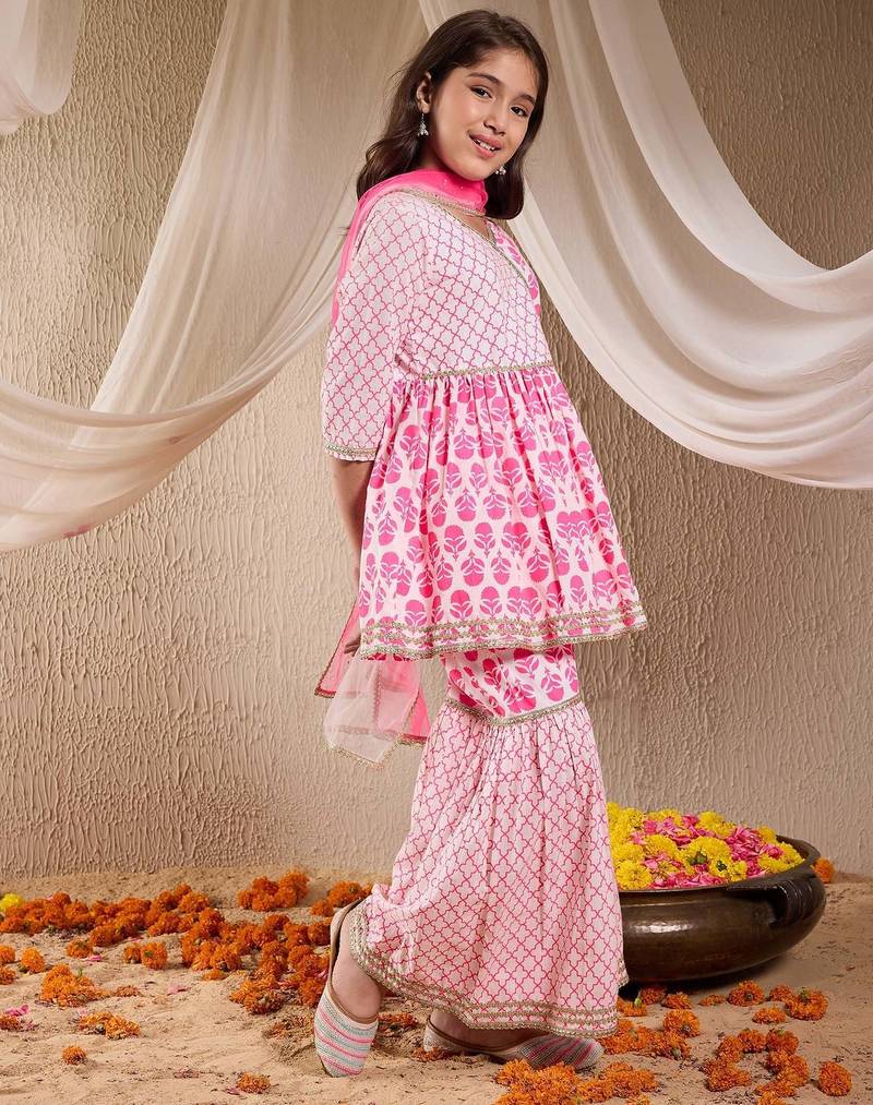 girls cotton 3/4th sleeves v neck neck gota pati embellished lehenga choli set with dupatta for girls (sha-neonmagenta)