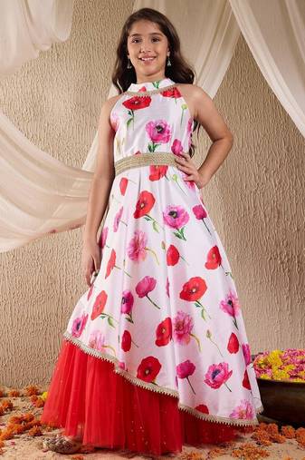 girls silk blend sleeveless round neck gota pati embellished lehenga choli set with dupatta for girls (iw-offwhitegown)