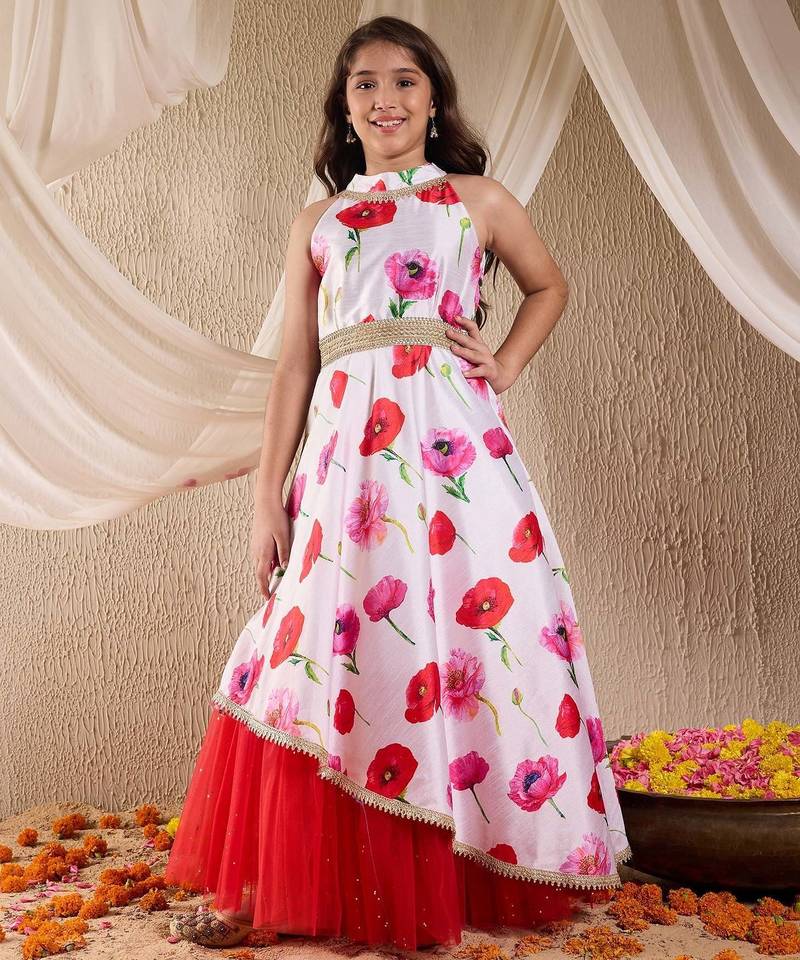 girls silk blend sleeveless round neck gota pati embellished lehenga choli set with dupatta for girls (iw-offwhitegown)