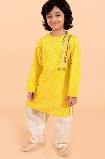 Boys yellow bandhani angrakha pure cotton kurta with patiala (kp-yellowlurex)