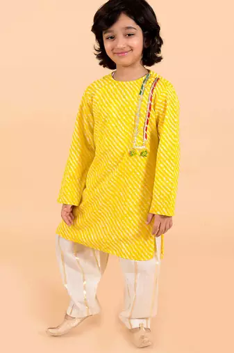Boys yellow bandhani angrakha pure cotton kurta with patiala (kp-yellowlurex)