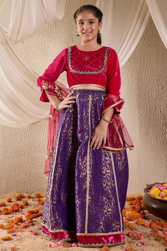girls embroidered ready to wear lehenga & blouse with dupatta (l-purplebrocade)