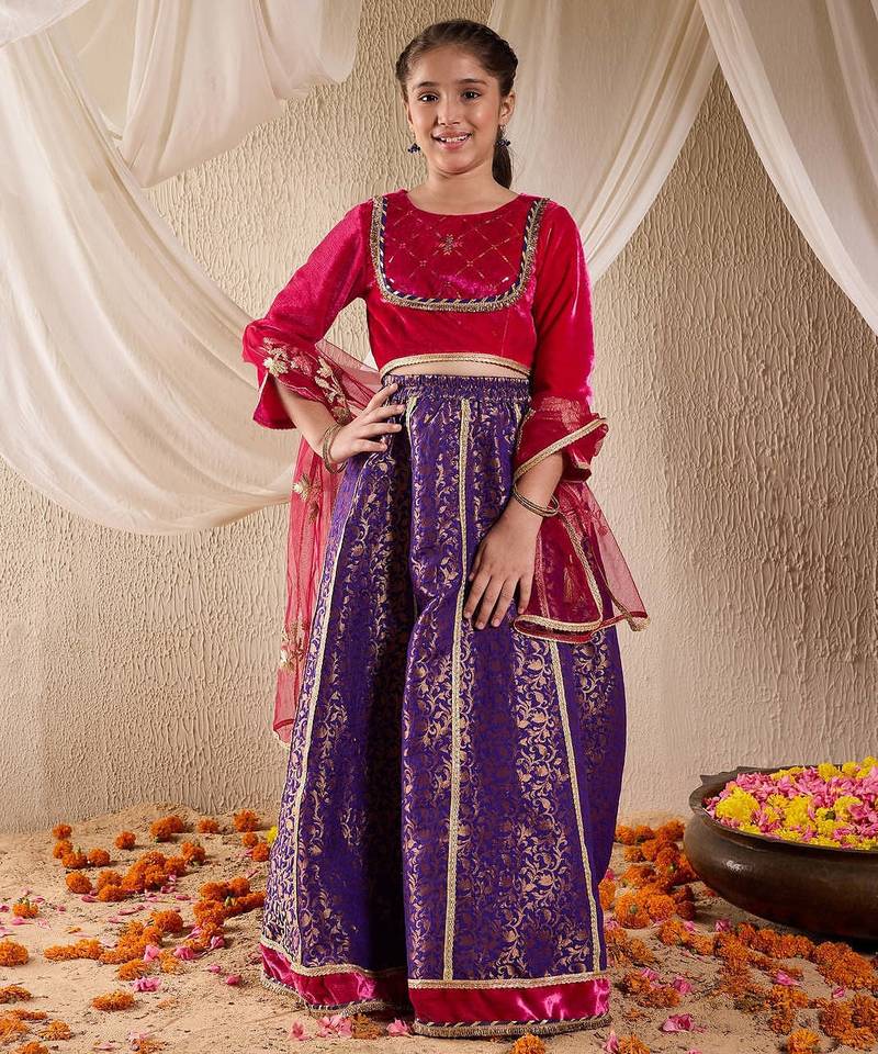 girls embroidered ready to wear lehenga & blouse with dupatta (l-purplebrocade)