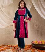girls floral embroidered sequinned velvet panelled kurta with trouser & dupatta (ks-magseqvelvet)