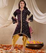 girls floral embroidered velvet kurta with dhoti pants & dupatta (dh-purplevelvet)