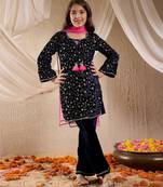 girls floral embroidered sequinned velvet kurta with trouser & dupatta (ks-navyvelvet)