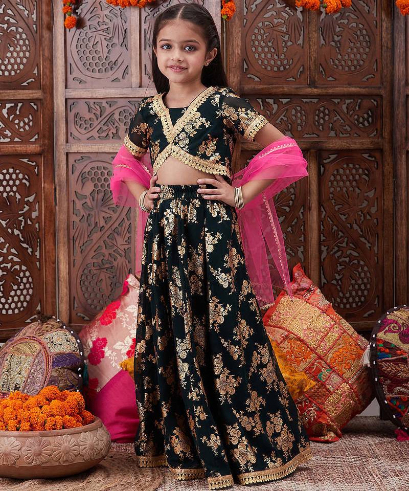 girls foil printed ready to wear lehenga choli with dupatta (l-bottlegreenfoil)