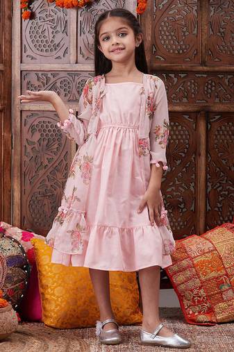 girls shoulder straps cotton ethnic dress with printed jacket (iw-peachcape)