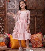 girls shoulder straps cotton ethnic dress with printed jacket (iw-peachcape)