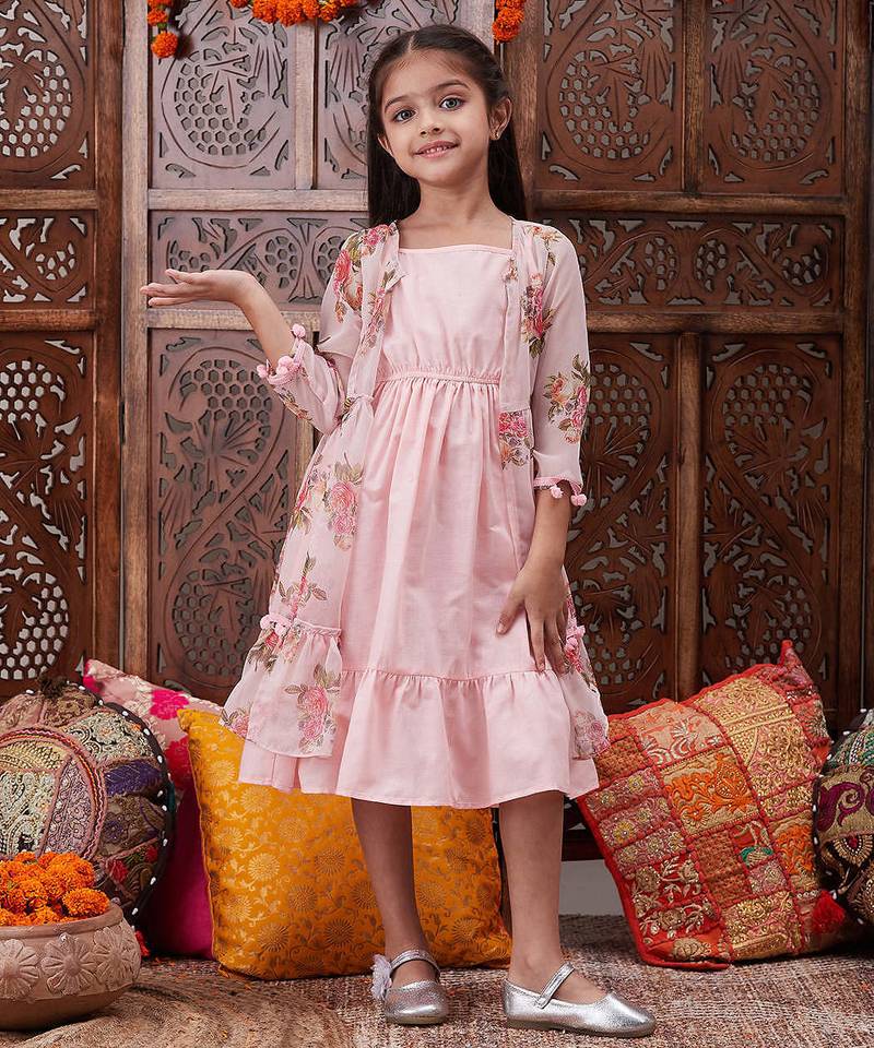 girls shoulder straps cotton ethnic dress with printed jacket (iw-peachcape)