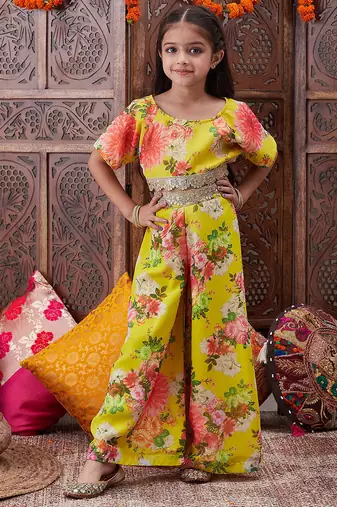 girls floral printed top with palazzos (iw-yellowggt)