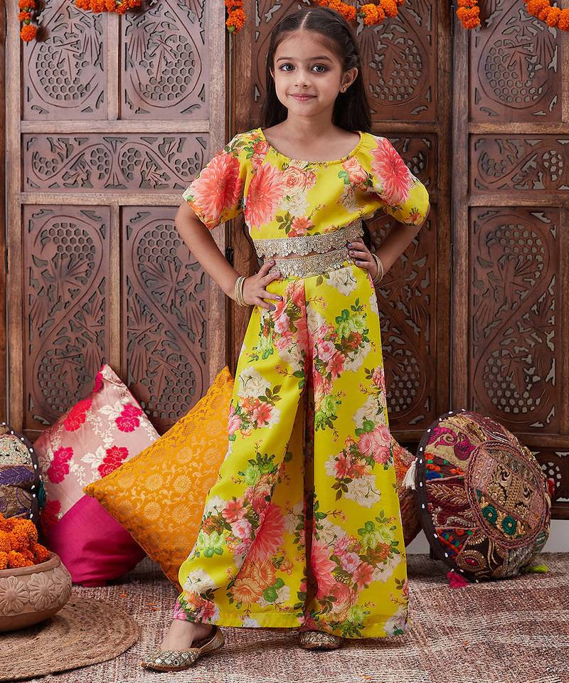 girls floral printed top with palazzos (iw-yellowggt)