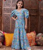 girls floral printed top with skirt (iw-blueggt)