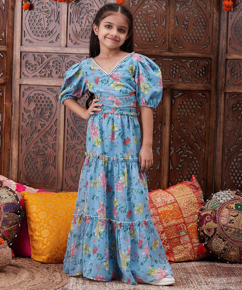 girls floral printed top with skirt (iw-blueggt)