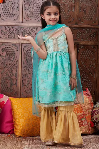 girls ethnic motifs embroidered gotta patti anarkali kurta & sharara with dupatta (sha-firozinet)