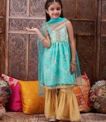girls ethnic motifs embroidered gotta patti anarkali kurta & sharara with dupatta (sha-firozinet)