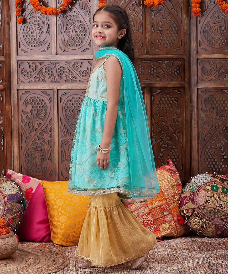 girls ethnic motifs embroidered gotta patti anarkali kurta & sharara with dupatta (sha-firozinet)