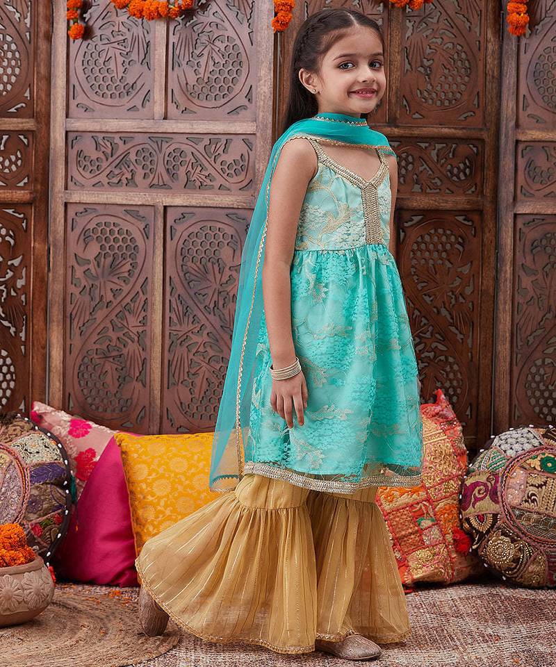 girls ethnic motifs embroidered gotta patti anarkali kurta & sharara with dupatta (sha-firozinet)
