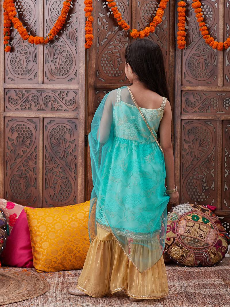 girls ethnic motifs embroidered gotta patti anarkali kurta & sharara with dupatta (sha-firozinet)