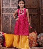 girls bandhani printed pure cotton a-line kurta with palazzos (ks-magentayellow)