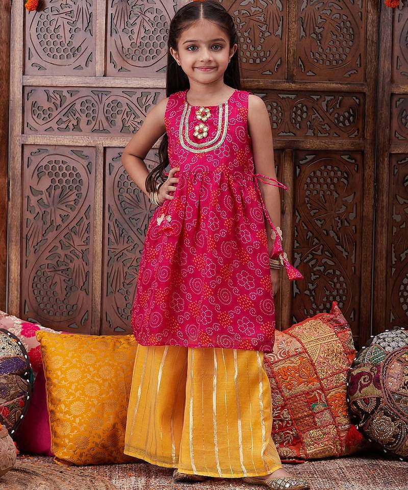 girls bandhani printed pure cotton a-line kurta with palazzos (ks-magentayellow)