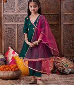 girls floral yoke design angrakha gotta patti a line kurta with trousers & dupatta (ks-greentafeta)