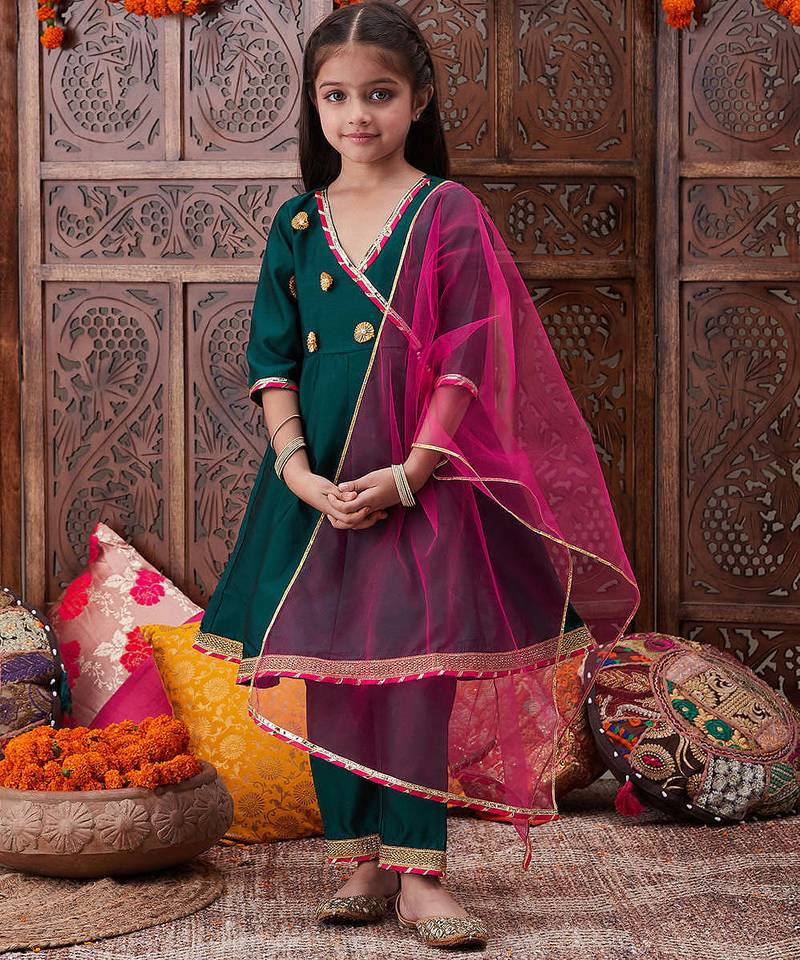 girls floral yoke design angrakha gotta patti a line kurta with trousers & dupatta (ks-greentafeta)