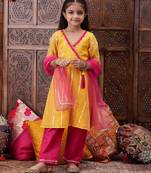 girls striped embroidered chanderi cotton anarkali kurta with trousers & dupatta (ks-lurexyellow)