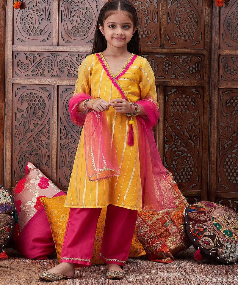 girls striped embroidered chanderi cotton anarkali kurta with trousers & dupatta (ks-lurexyellow)