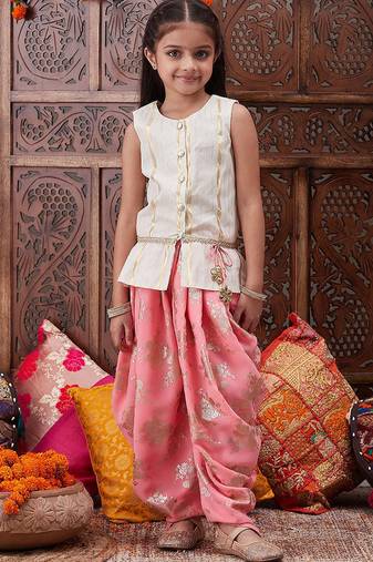 girls striped pure cotton kurti with dhoti pants (dh-offwhitelurex)