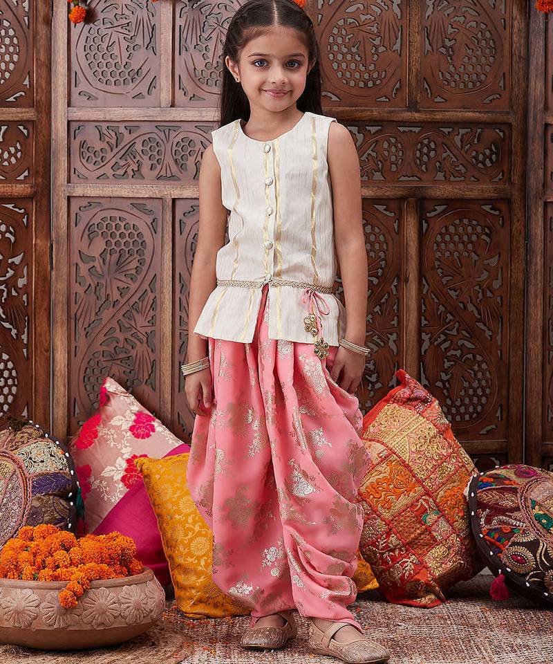 girls striped pure cotton kurti with dhoti pants (dh-offwhitelurex)