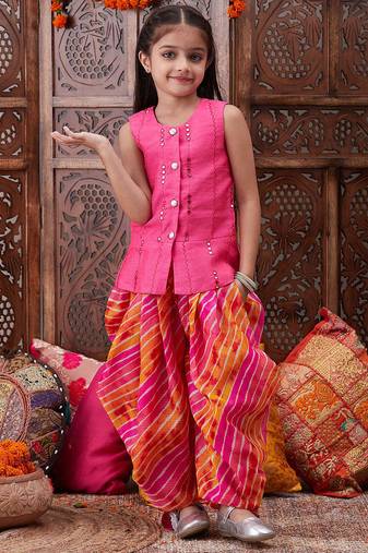 girls mirror work dupion silk straight kurti with dhoti pants (dh-magentapatra)