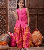 girls mirror work dupion silk straight kurti with dhoti pants (dh-magentapatra)