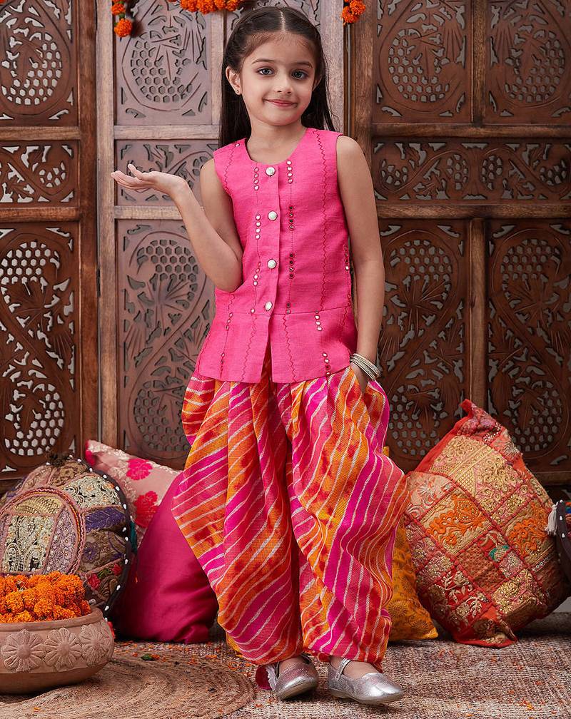 girls mirror work dupion silk straight kurti with dhoti pants (dh-magentapatra)