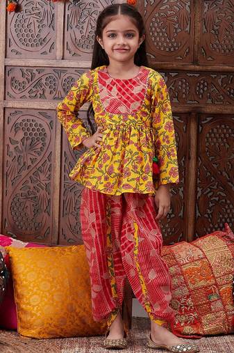 girls floral printed pure cotton a-line kurti with dhoti pants (dh-yellowjaal)