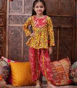 girls floral printed pure cotton a-line kurti with dhoti pants (dh-yellowjaal)