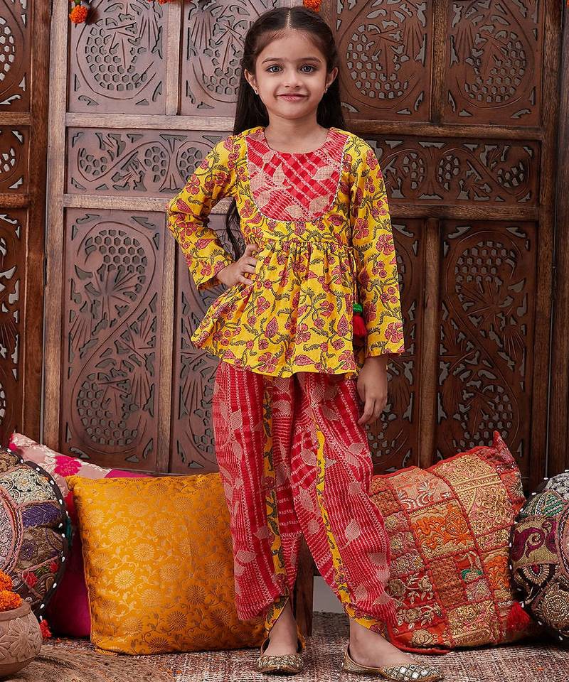 girls floral printed pure cotton a-line kurti with dhoti pants (dh-yellowjaal)