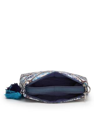 blue canvas sling bag with geometric print 7