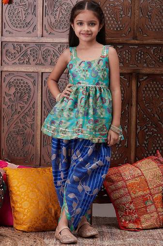 girls ethnic motifs printed u-neck georgette a-line kurti with dhoti pants (dh-bluekota)