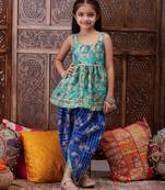girls ethnic motifs printed u-neck georgette a-line kurti with dhoti pants (dh-bluekota)