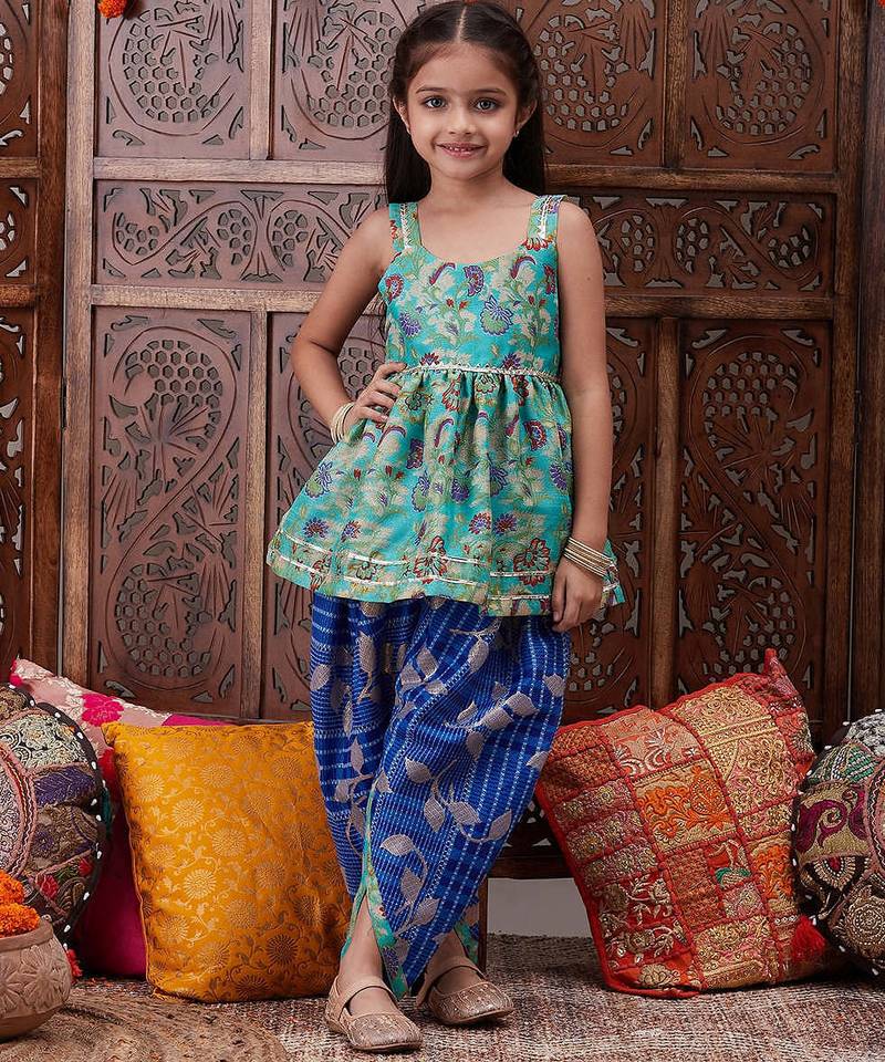 girls ethnic motifs printed u-neck georgette a-line kurti with dhoti pants (dh-bluekota)