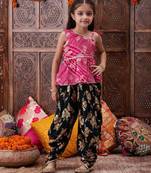 girls ethnic motifs printed one shoulder a-line top with dhoti pants (dh-magentakota)
