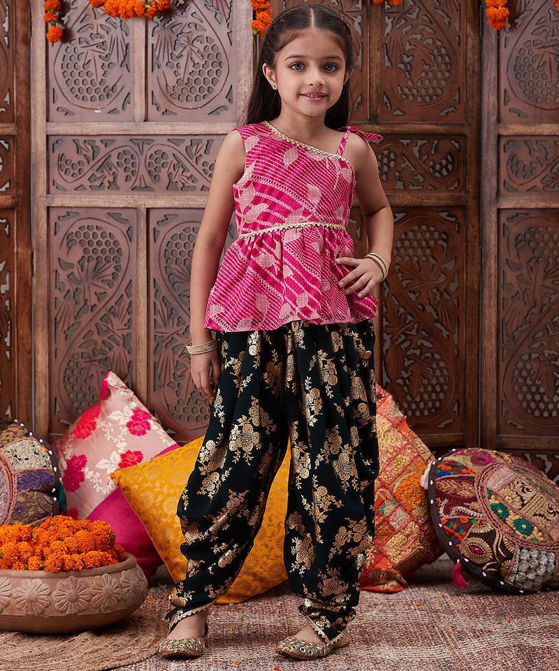 girls ethnic motifs printed one shoulder a-line top with dhoti pants (dh-magentakota)